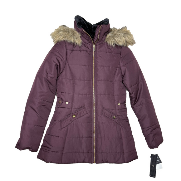 Celebrity Pink Jackets & Blazers - CELEBRITY PINK Women’s size XS Dark Mulberry Hooded Puffer Jacket faux fur NWT